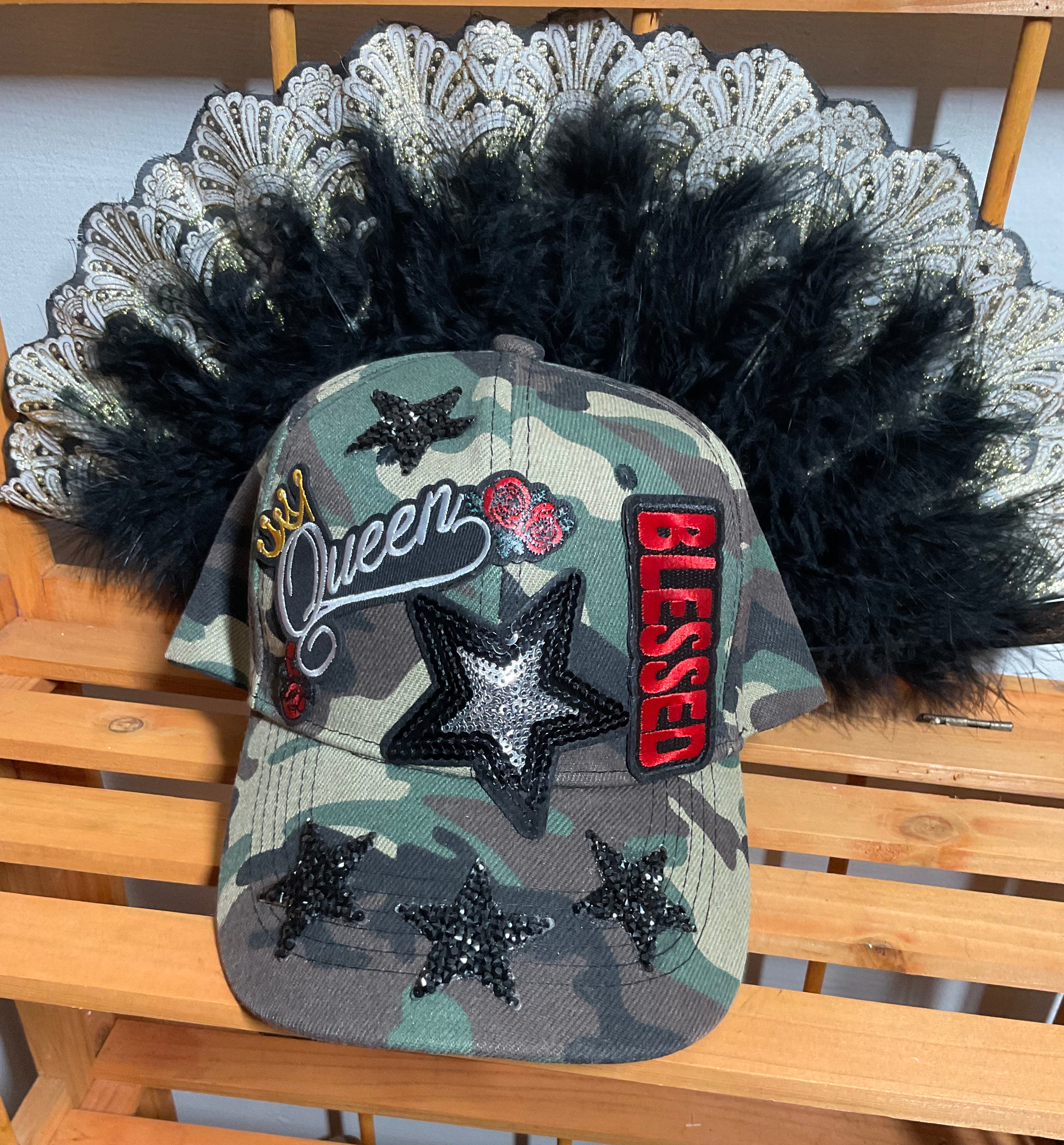 Queen Blessed Camo Sequin Star Cap