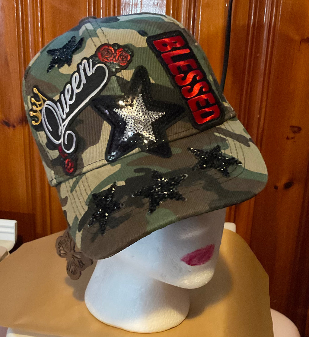 Queen Blessed Camo Sequin Star Cap