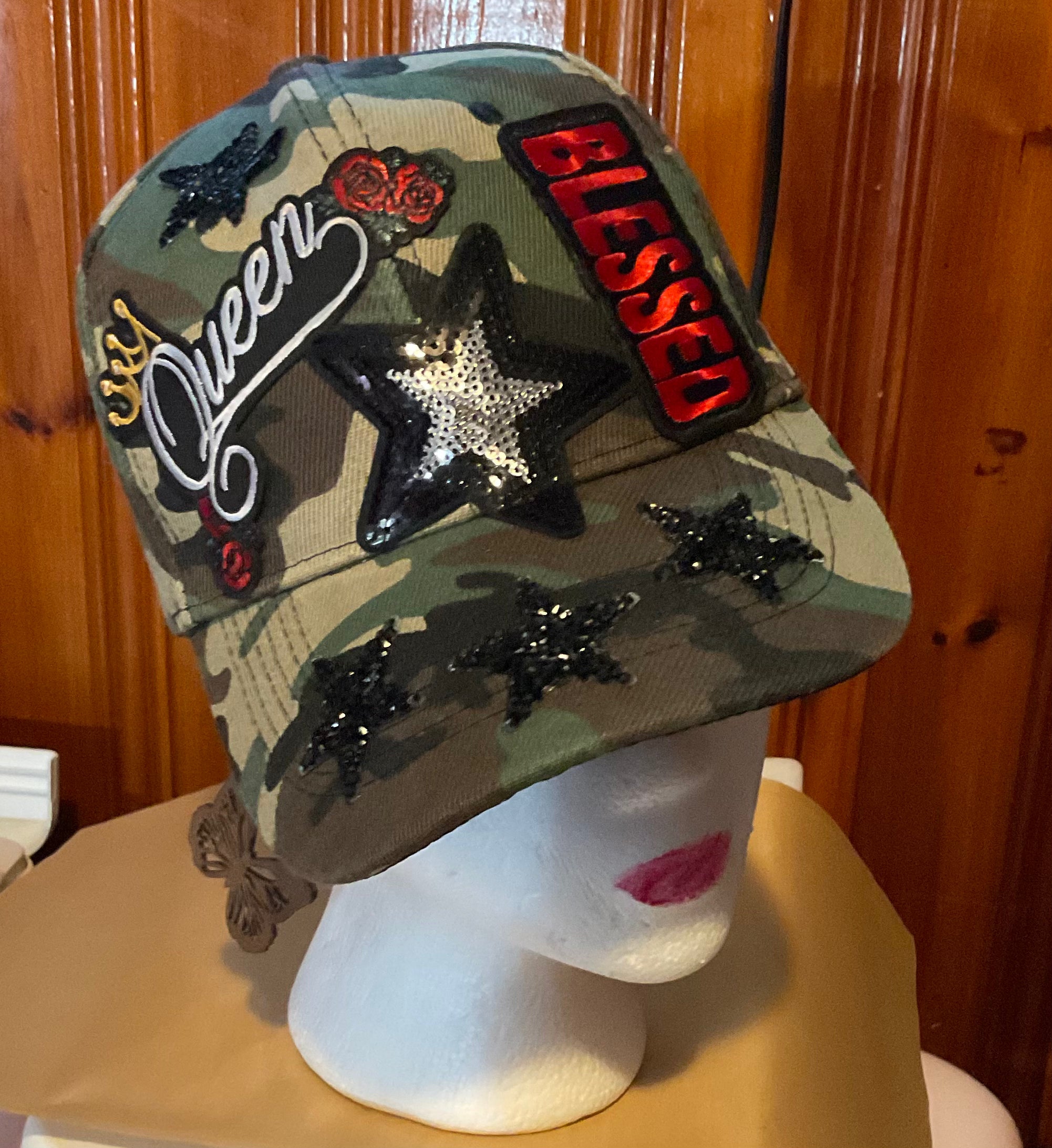 Queen Blessed Camo Sequin Star Cap