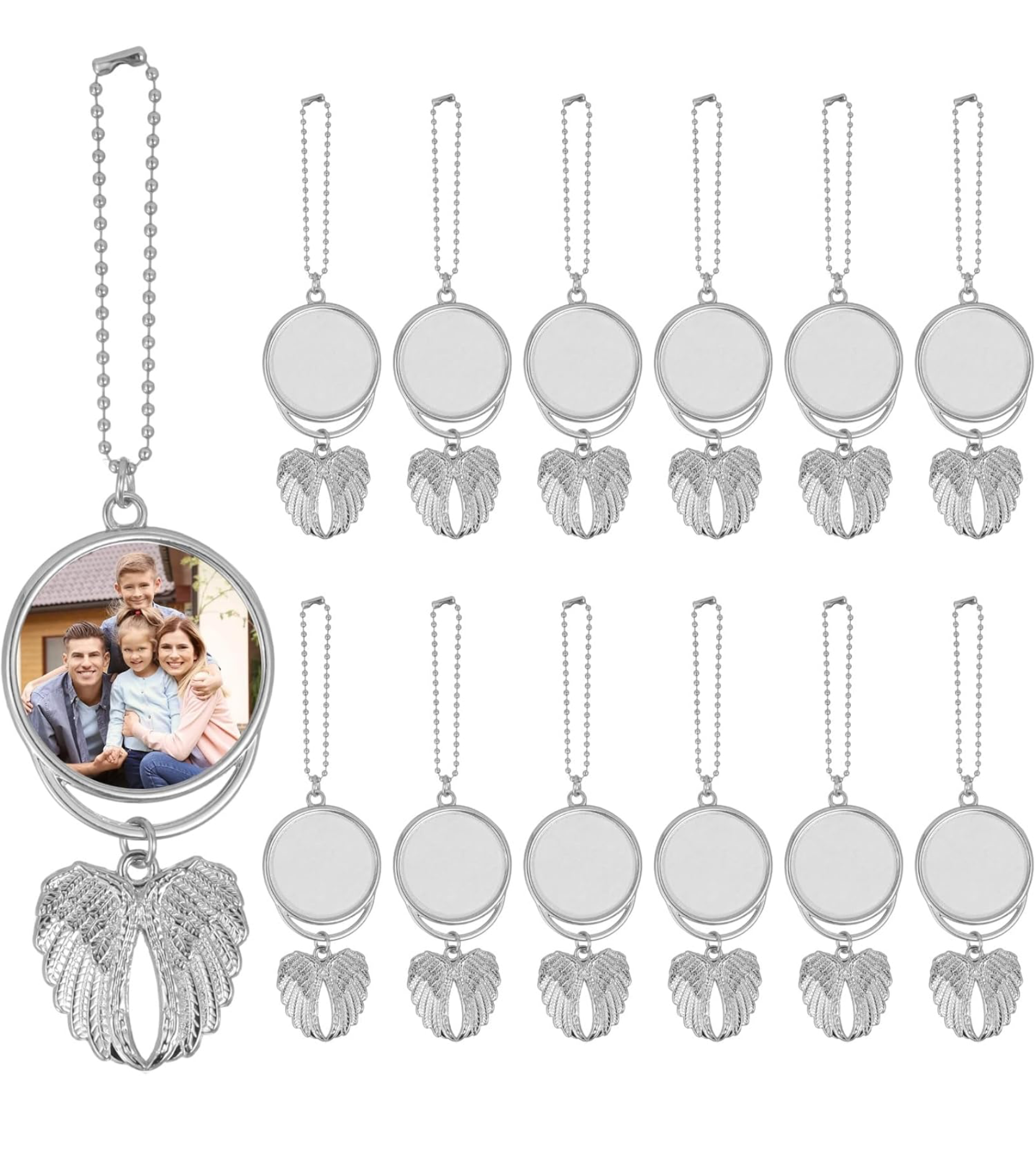 Double-Sided Custom Photo Tag with Angel Wings Charm – Silver